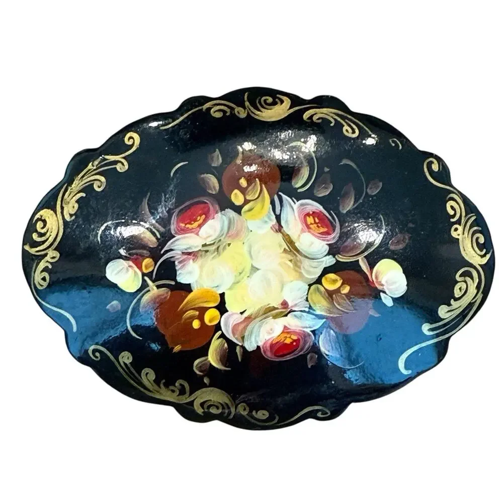 Russian Toleware Folk Art Black Flower Brooch Pin Hand Painted Signed